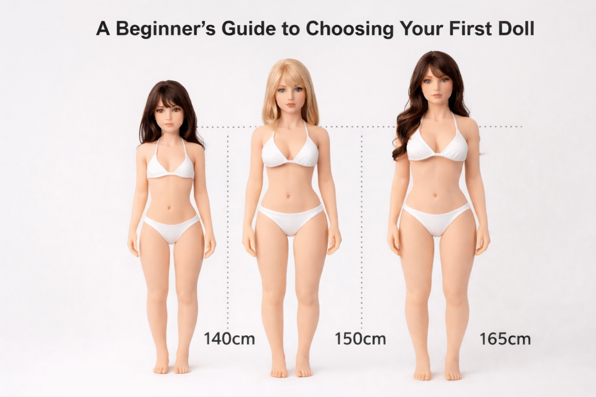 Beginner sex doll guide showing 140cm, 150cm and 165cm size comparison