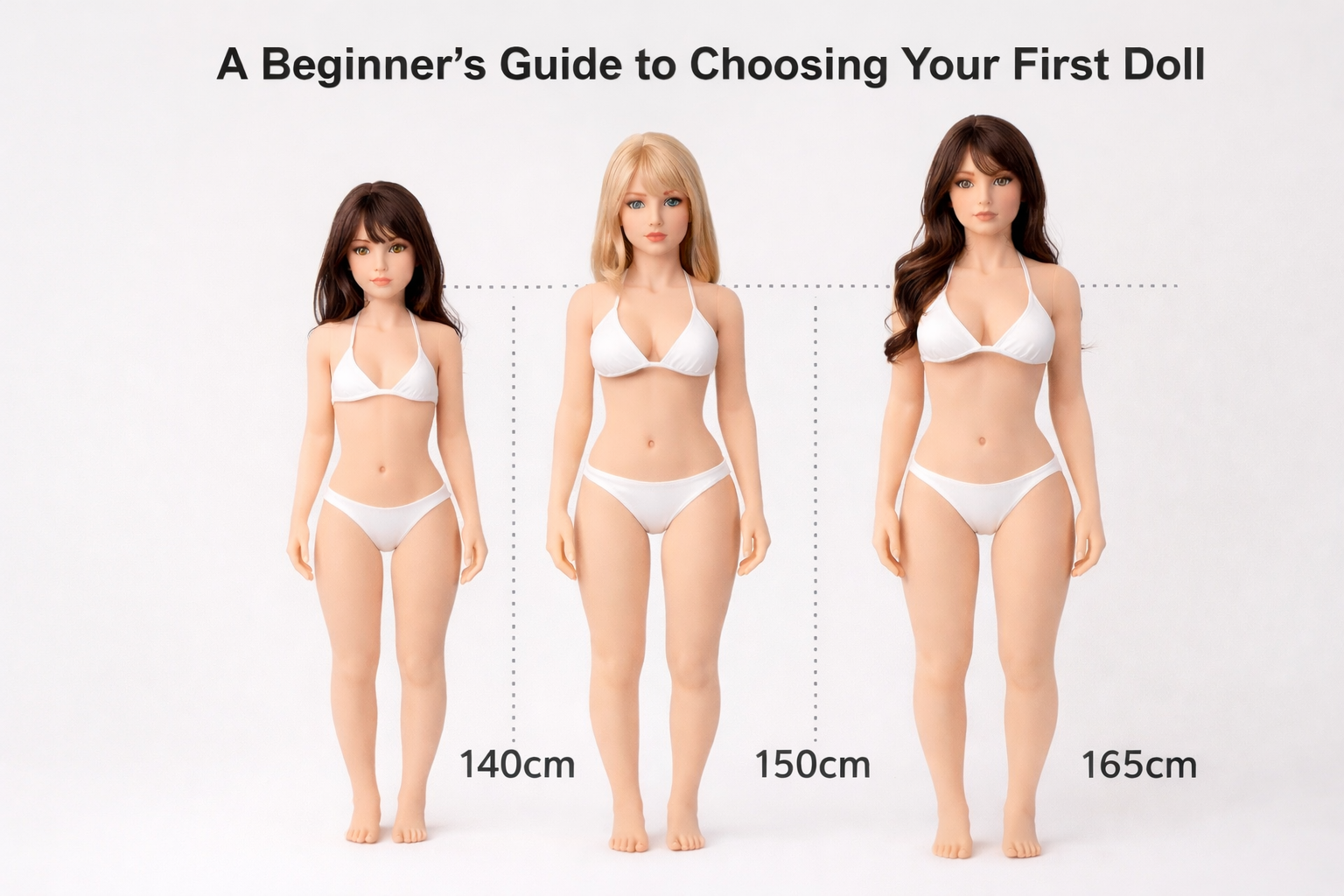 Beginner sex doll guide showing 140cm, 150cm and 165cm size comparison
