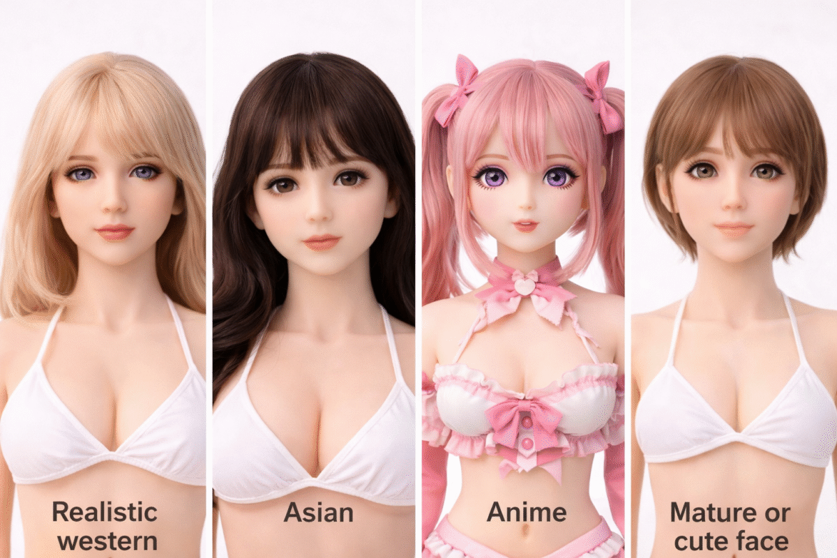 Sex doll head style comparison including realistic western, Asian and anime face options
