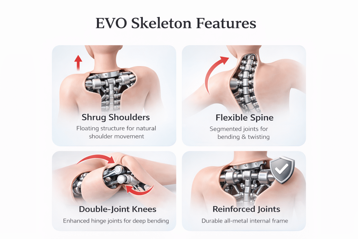 EVO skeleton features infographic showing shrug shoulders, flexible spine, double-joint knees and reinforced joints