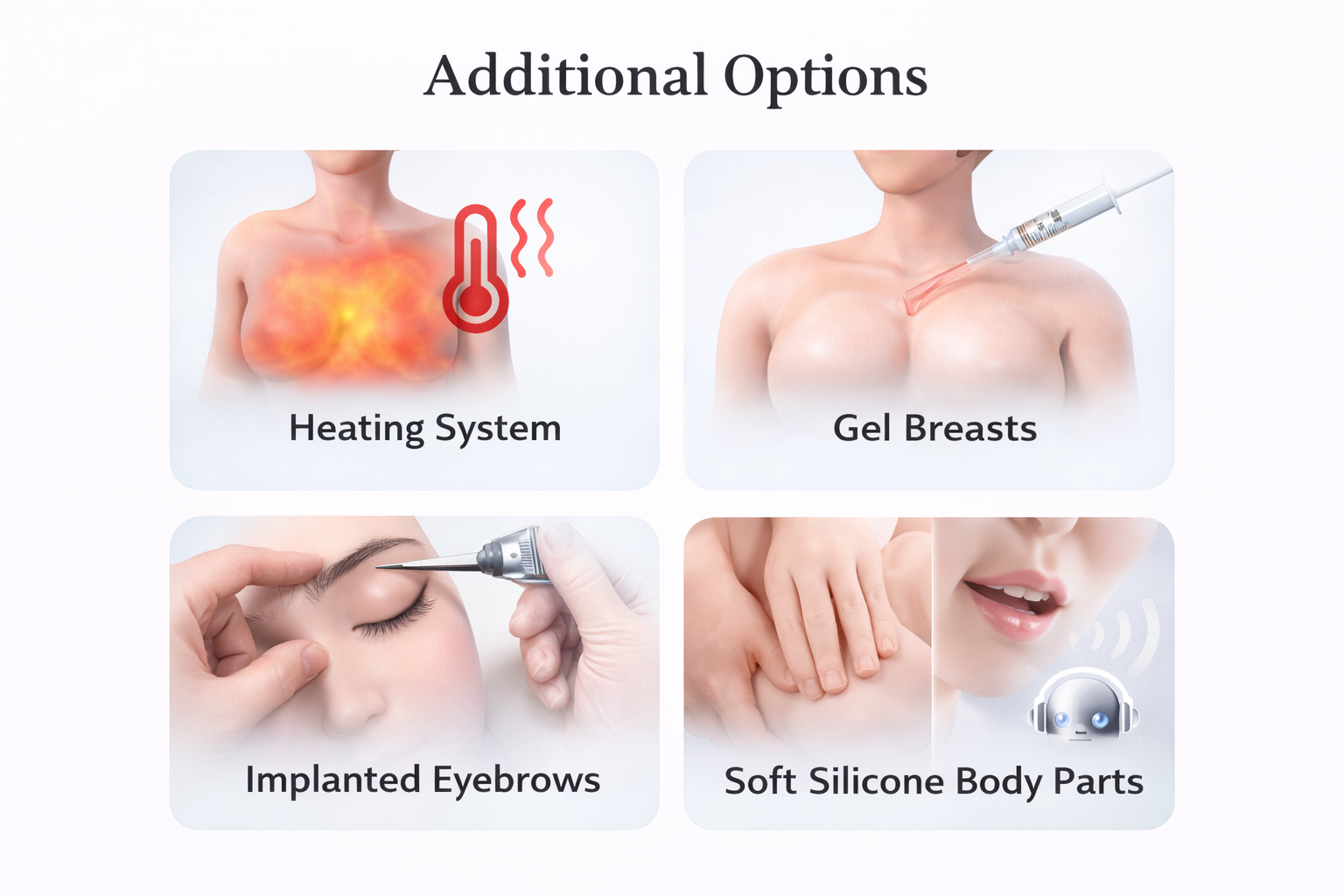 Additional options for EVO dolls including heating system, gel breasts, implanted eyebrows, soft silicone parts and AI voice