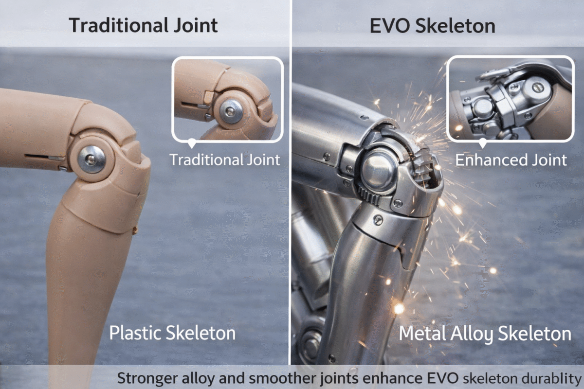 EVO metal alloy skeleton with reinforced joint system compared to traditional plastic joint
