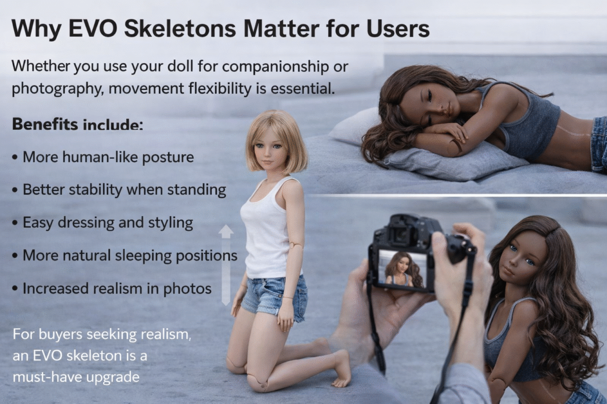 EVO skeleton doll demonstrating natural posture, stable standing and realistic positioning for photography
