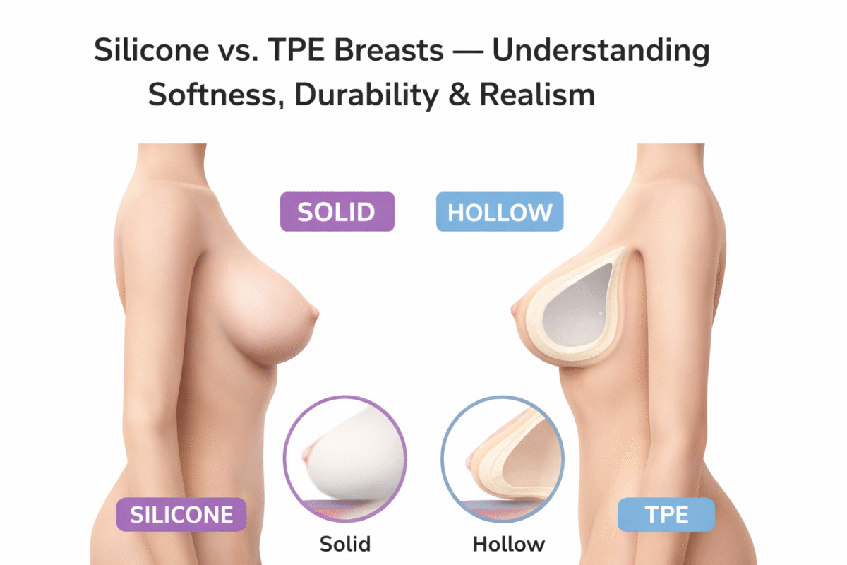 Silicone vs TPE breast structure comparison showing solid and hollow construction differences in durability and softness
