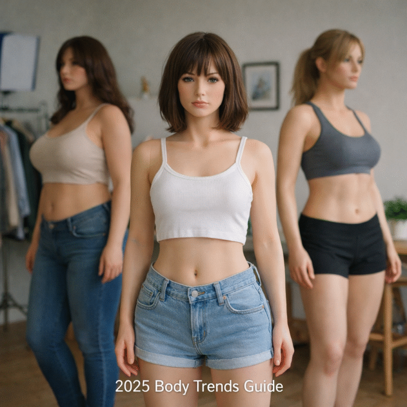 Realistic female body silhouettes in studio lighting representing popular body styles in 2025, non-explicit, neutral background