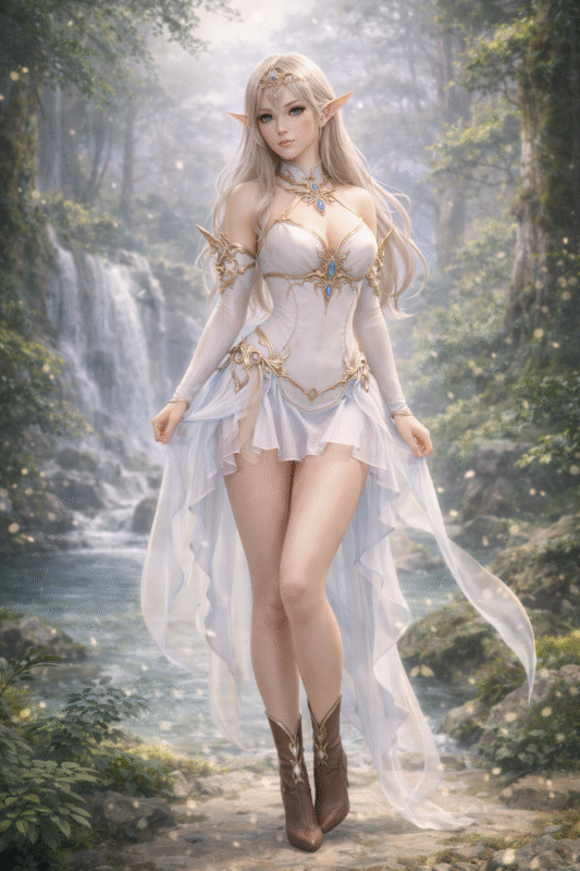 Fantasy elf-inspired body type with stylized proportions and decorative costume, artistic character design in magical forest setting, non-explicit