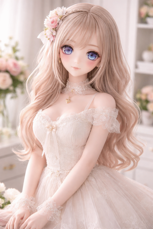 Anime-style collectible doll with expressive eyes wearing elegant lace dress in soft studio lighting, fantasy aesthetic, non-explicit