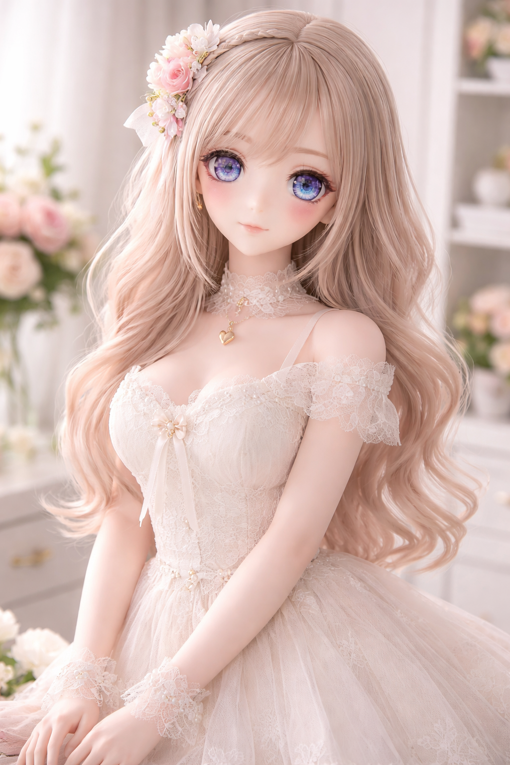 Anime-style collectible doll with expressive eyes wearing elegant lace dress in soft studio lighting, fantasy aesthetic, non-explicit