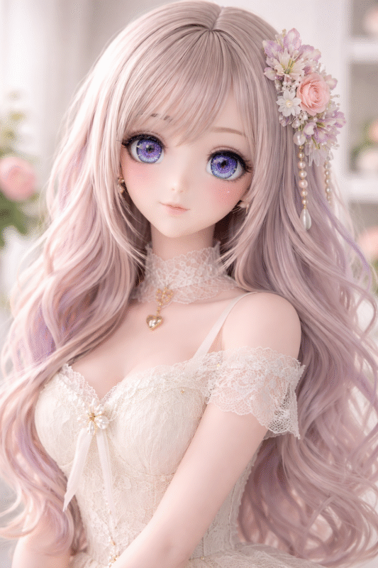 Close-up portrait of anime-style collectible doll with large expressive eyes and pastel fantasy hairstyle in soft studio lighting, non-explicit