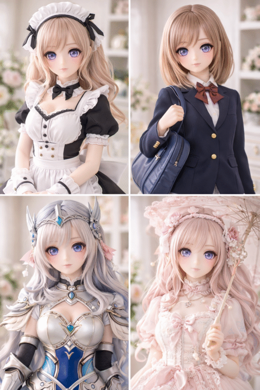 Anime-inspired cosplay dolls featuring maid outfit, school uniform, fantasy armor, and Lolita fashion styles in clean studio photography

