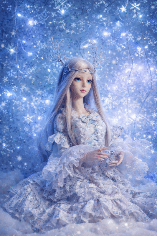 Fantasy-inspired anime-style collectible doll with winter-themed magical background and elegant lace dress, non-explicit
